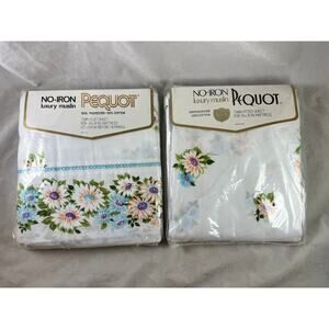 Pequot Maytime Twin Flat Fitted Sheets Blue Floral Daisy New Deadstock 1970s